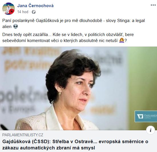 Jana Černochová komentuje slova poslankyně Gajdůškové